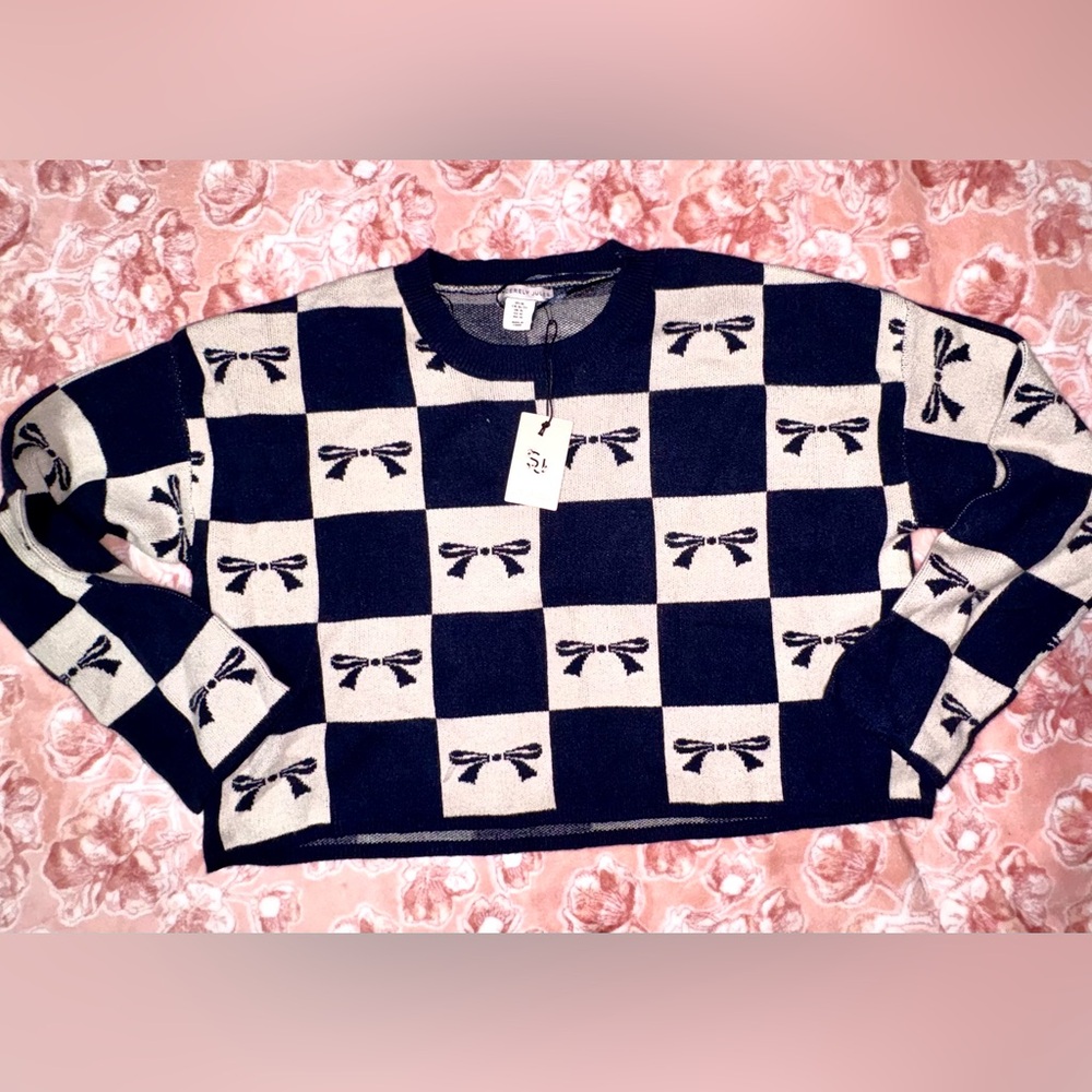Sincerely Jules Blue and Cream Bow Sweater